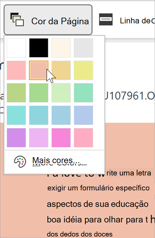 captura de ecrã do menu pendente cor da página para a leitura avançada. É apresentada uma paleta de cores e o fundo visível atrás do menu pendente é laranja pastel