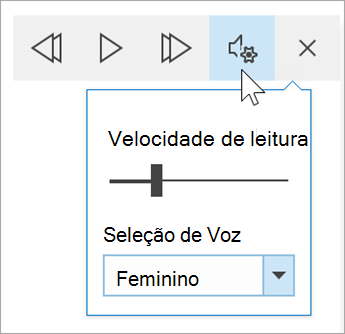 captura de ecrã da barra de ferramentas Opções de voz da leitura avançada. O rato paira sobre as definições revelando um botão de alternar para a velocidade de leitura e o menu pendente para seleção de voz