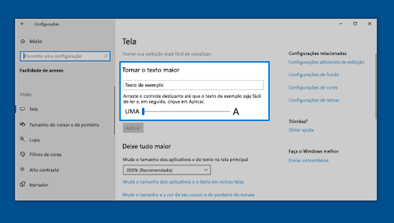 Para tornar tudo maior, incluindo imagens e aplicativos, escolha uma opção no menu suspenso em Tornar tudo maior.