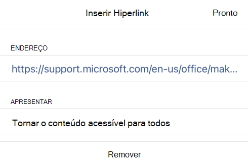 A caixa de diálogo Inserir Hiperligação no OneNote para iOS que mostra o texto a apresentar da ligação Torna o seu conteúdo acessível a todos e ao respetivo URL de ligação.