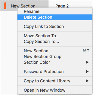 Menu de contexto de seção no Mac com Excluir seção realçado.