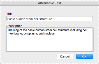 Caixa de diálogo Texto alternativo do OneNote no Mac.
