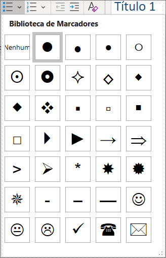 Captura de tela da seleção de item de lista com marcadores no menu Página Inicial.
