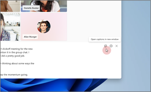 Janela de reunião do Teams com legendas pop-up ativadas.