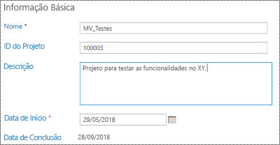 Descrição do projeto em Project Online.
