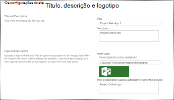 Alttext de descrição do site e logotipo do site em Project Online