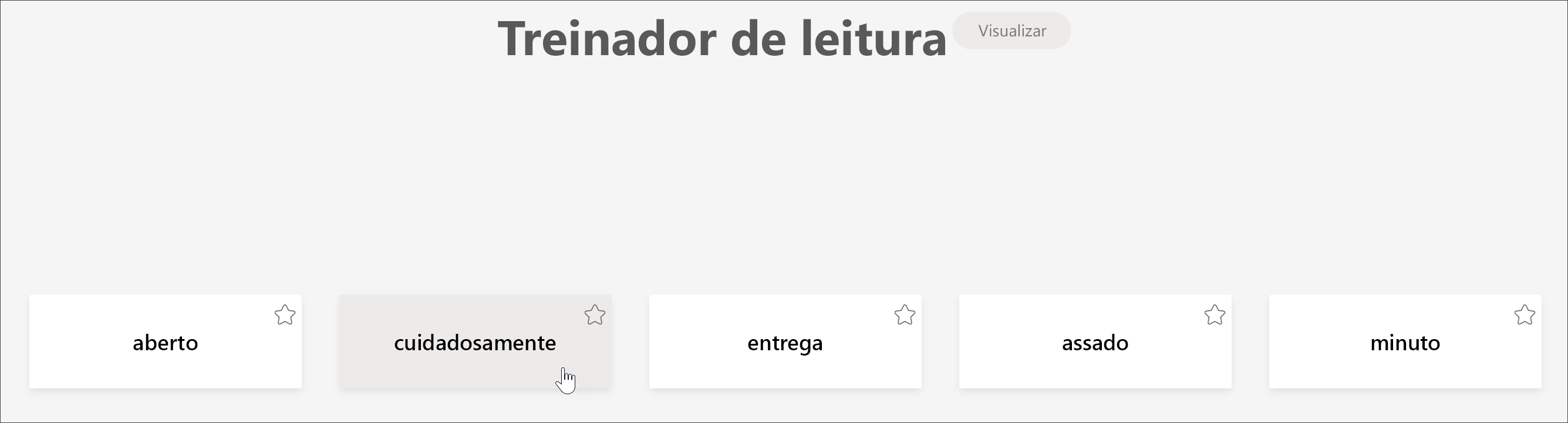 captura de tela da exibição do aluno do coach de leitura mostrando as 5 palavras que um aluno foi mais desafiado com o cursor pairando sobre a palavra cuidadosamente