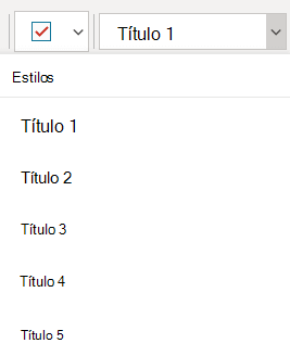 O menu Estilos a mostrar diferentes estilos de título no OneNote para Windows 10.