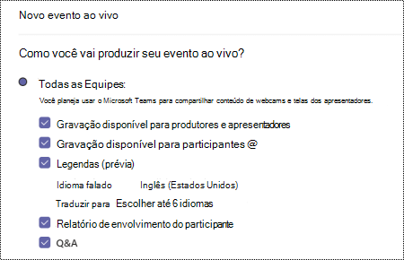 Caixa de diálogo para selecionar a opção QA para o evento em direto do Teams ao agendar um evento.