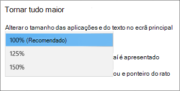 Página de configurações do Windows Display em Configurações de Facilidade de Acesso mostrando Tornar tudo maior opção com o menu suspenso expandido.