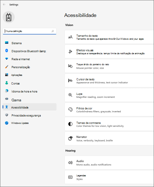 Configurações de acessibilidade do Windows 11