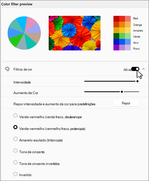 Windows 11 definições de filtro de cor