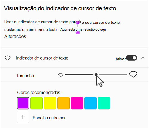 Windows 11 definições do indicador do cursor de texto