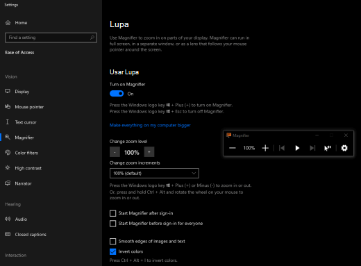 Cores de ecrã invertidas com a Lupa ativada no Windows.