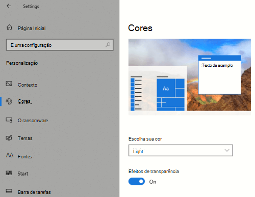 A opção transparência do Windows nas definições de personalização.