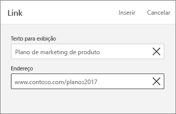 Comando Link, mostrando o texto para exibição e um endereço