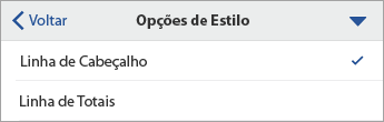Comando Opções de Estilo expandido, com Linha de Cabeçalho selecionada