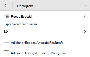 Word para Android menu de formatação de parágrafo