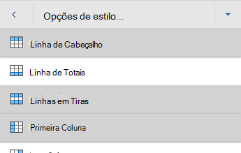 Word para Android menu de opções de estilo de tabela