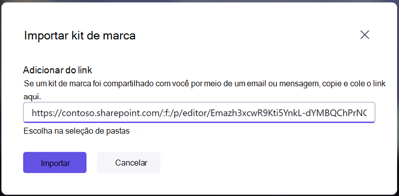 Importe um kit de marca inserindo um link de compartilhamento que você recebeu de outra pessoa.