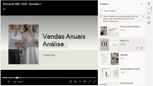 Um vídeo é aberto em um navegador. À direita do vídeo, um painel exibe uma lista de capítulos que foram gerados automaticamente a partir de um PowerPoint.