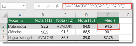 Função matriz em MÉDIA para resolver o erro #VALOR!