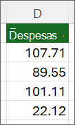Imagem da planilha com os valores alinhados e o aviso de triângulo verde removido