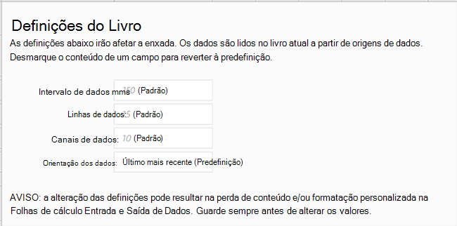 Mostrar a guia Configurações da Pasta de Trabalho para o Fluxo de Dados