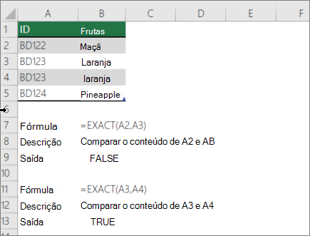 Um exemplo que utiliza a função EXATO para comparar uma célula com outra
