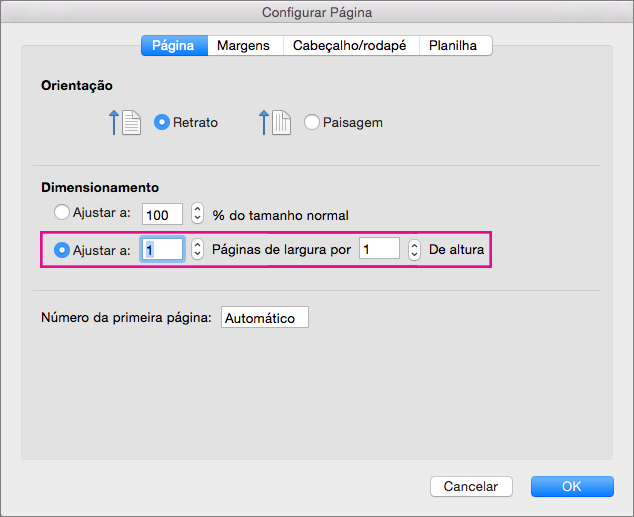 Caixa de diálogo Configurar Página, com Ajustar a selecionado