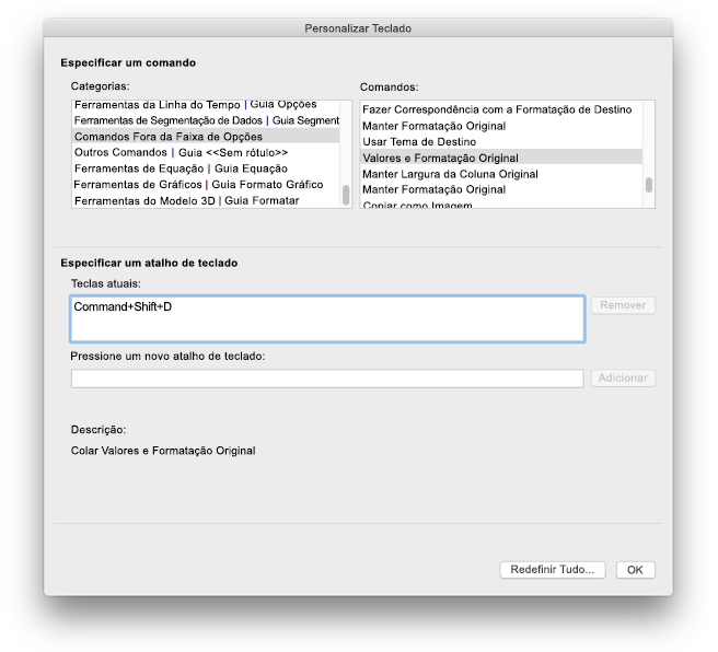 Personalizações de teclado no Excel para Mac