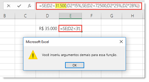 Mensagem do Excel ao adicionar vírgula a um valor.