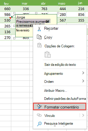 Formate um comentário selecionando o texto a ser formatado, clique com o botão direito do mouse e selecione Formatar Comentário.