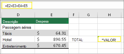 Célula H4 com fórmula =E2+E3+E4+E5 e resultado de #VALUE!