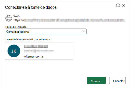 Mostra a janela Conectar-se à fonte de dados, com uma lista suspensa para selecionar o tipo de autenticação.