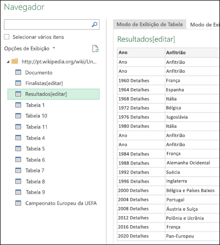 > Power Query da Vista de Tabela do Web > Navigator