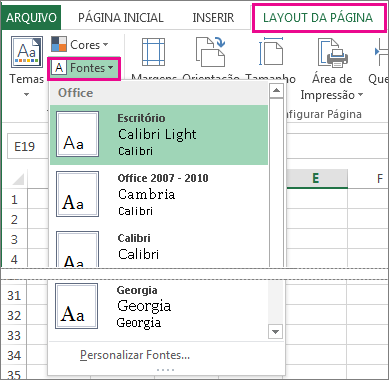 O grupo Temas na guia Layout de Página.