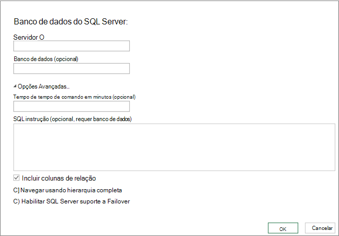 A caixa de diálogo SQL Server Base de Dados