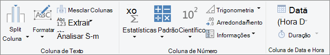 Os grupos de tipos de dados no separador do friso Adicionar Coluna