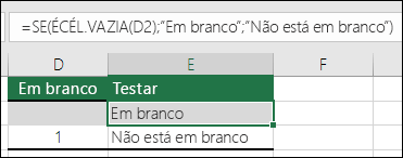 A fórmula na célula E2 é =IF(D2=1,Sim,IF(D2=2,Não,Talvez))
