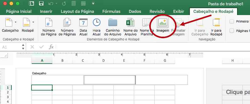 Opção de imagem na guia Cabeçalho & Rodapé na faixa de opções