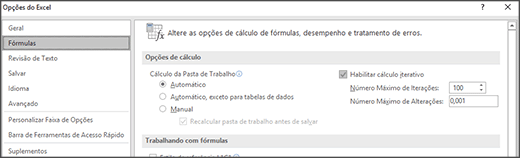 Captura de tela das configurações de Cálculo Iterativo
