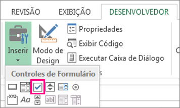 o controle de caixa de seleção na faixa de opções