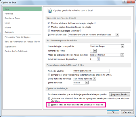 Opções de inicialização na caixa de diálogo Opções do Excel