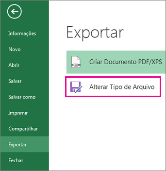 Alterar Tipo de Arquivo na guia Exportar