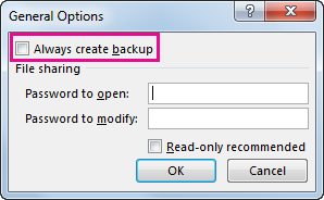 Opção Sempre criar backup na caixa de diálogo Opções Gerais