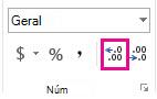 Botão Aumentar Decimal no separador Base