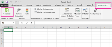 Guia PowerPivot e botão Gerenciar