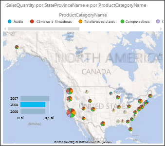 Mapa do Power View dos Estados Unidos com gráficos de pizza