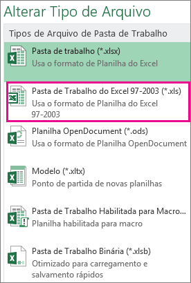 Formato da pasta de trabalho do Excel 97-2003